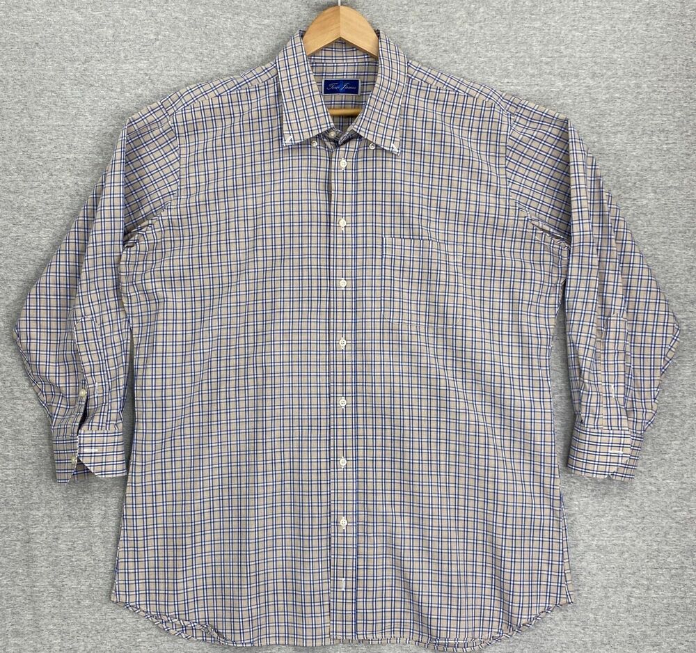Tom James Dress Shirt Mens XXL Brown Blue Plaid Button Up Long Sleeve Collared